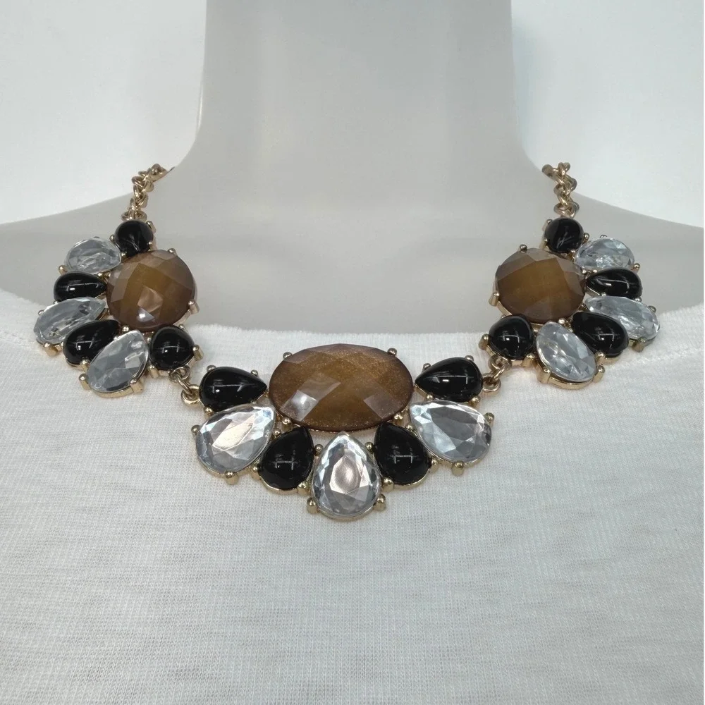 Gold Tone Statement Chunky Bib Necklace‎ Amber Black Clear Faceted Stones 103-08